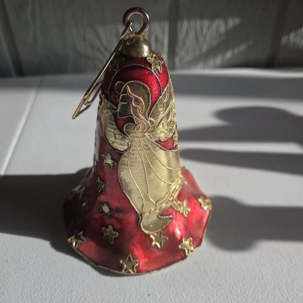 Elegant Red Gold Star Cloisonne Bell Christmas Ornament Handcrafted Vintage